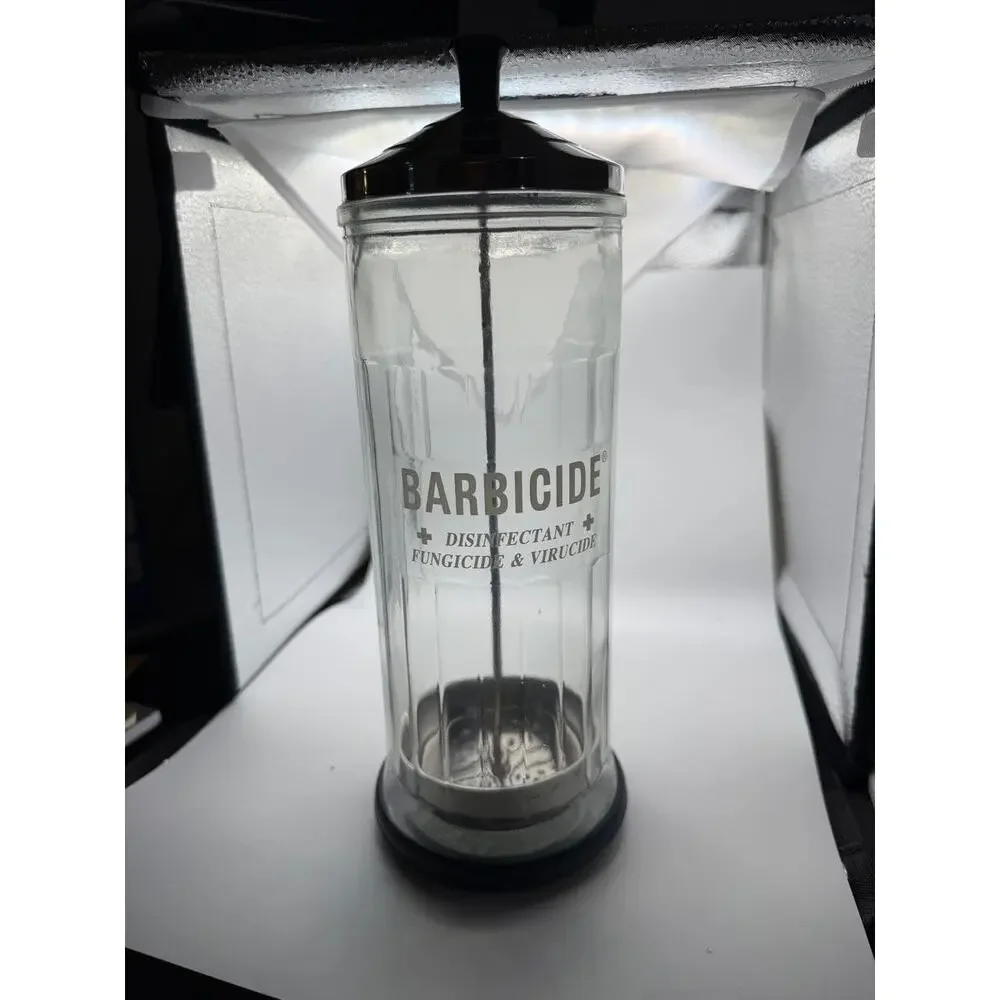 Barbicide Glass Disinfectant Jar with Lid Lift Basket and Box Barber Salon